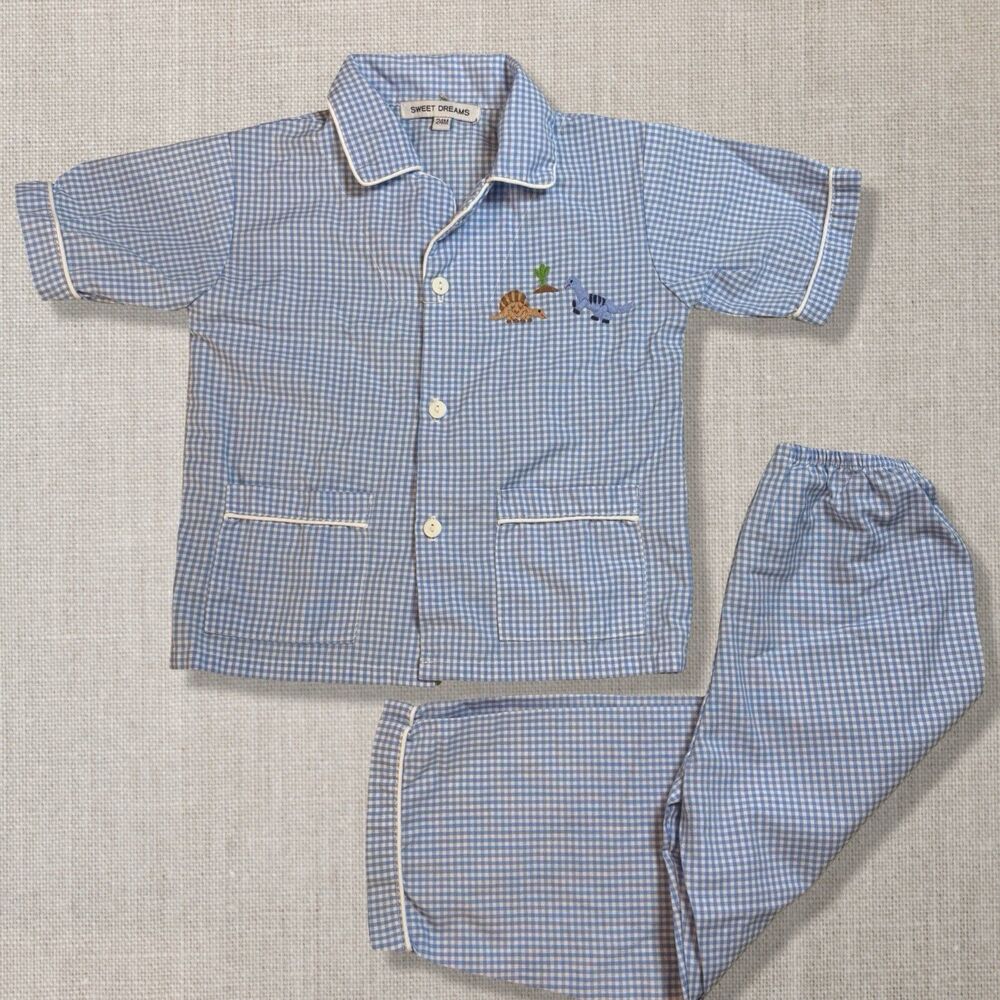 Sweet Dreams Dinosaur Pajama Set 24M Blue Gingham Embroidered Dinosaurs